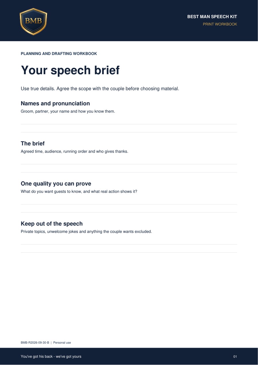 Sample planning page from the speech workbook, shown in its print version